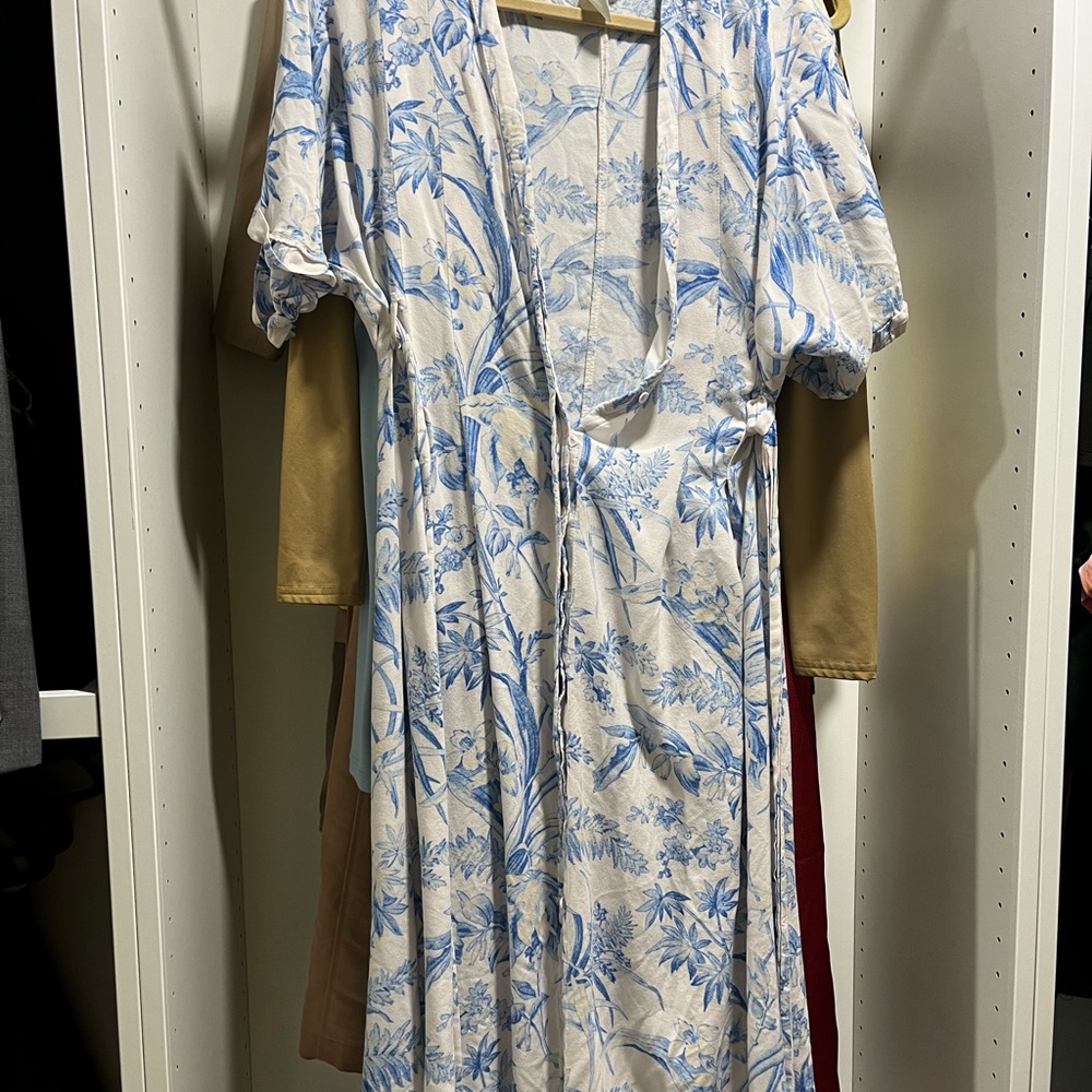 Floral tea length button down dress with waist tie